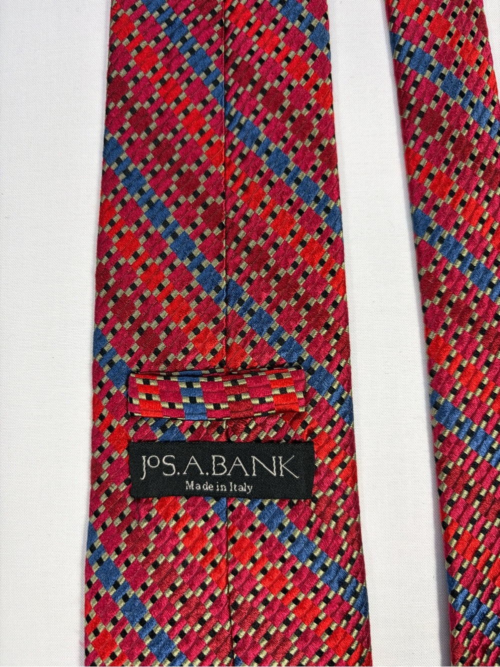 Jos. A. Bank Red Plaid Silk Tie with Blue and Cream Accents